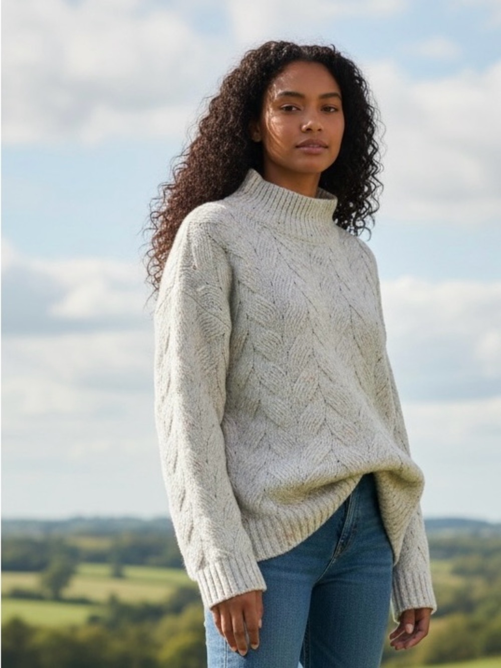 NWT New Joie Cream Cable Knit Wool Blend Mock Neck Sweater Size L
